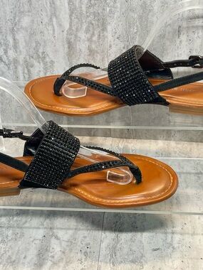 Gianni Bini Black Beaded Leather Thong Flat Sandals Sz 7.5